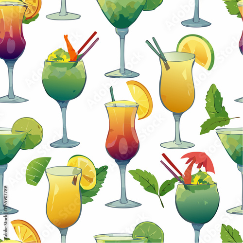 Vibrant Seamless Vector Pattern of Refreshing Summer Cocktails and Tropical Drinks with Fruit Garnishes