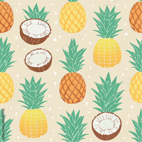 Seamless Vector Pattern Featuring Whole Pineapples and Sliced Coconuts on a Tropical Background