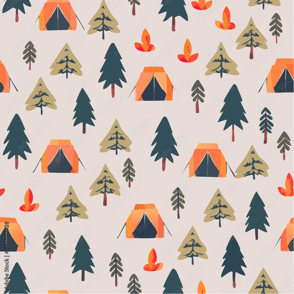 Obraz premium Summer Camping Icons Seamless Vector Pattern with Orange Tents, Campfires, and Pine Trees for Outdoor Adventure Design