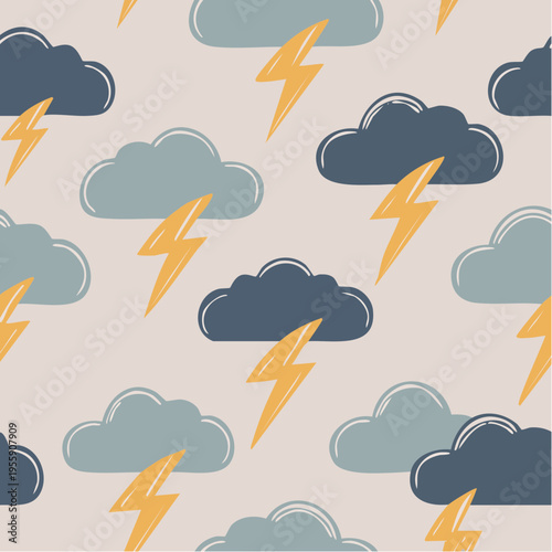 Seamless Vector Pattern Illustration of Summer Thunderstorms and Yellow Lightning Bolts in Clouds