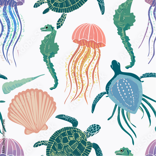 Seamless Vector Pattern of Summer Sea Life with Jellyfish Sea Turtles Seahorses and Shells