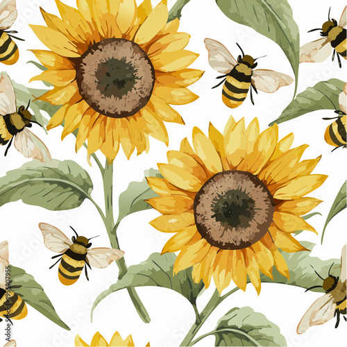 Seamless Summer Sunflower and Honeybee Vector Pattern for Textile and Wallpaper Design