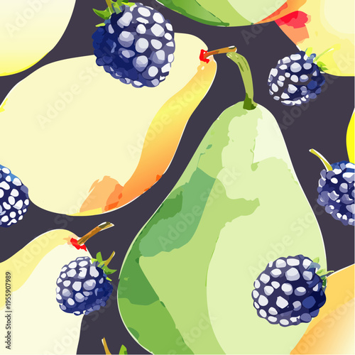 Seamless Vector Pattern of Elegant Pears and Ripe Blackberries on Dark Background for Textile and Wallpaper Design