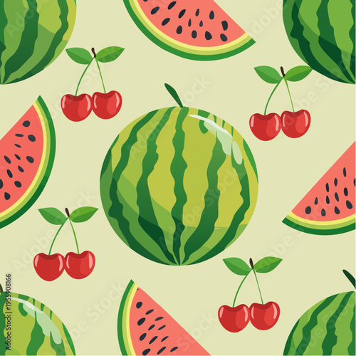 Modern Seamless Vector Pattern with Vibrant Watermelons and Sweet Cherries, Bright Summer Fruit Background Design for Textiles and Wallpapers.