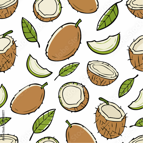 Seamless Tropical Pattern with Hand Drawn Mangoes and Coconut Halves Modern Vector Illustration of Exotic Fruits and Green Leaves for Wallpaper and Textile Design