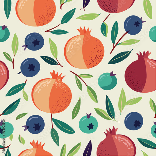 Elegant Seamless Pattern with Whole Pomegranates, Blueberries, and Botanical Leaves, Sophisticated Fruit Vector Illustration for Textile and Wallpaper Design