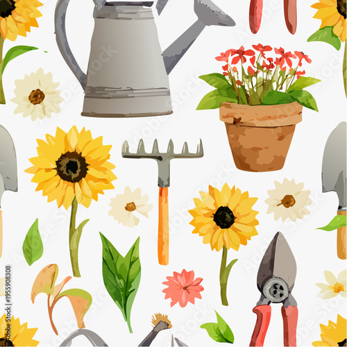 Sophisticated Seamless Vector Pattern of Summer Gardening Tools and Blooming Sunflowers