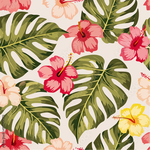 Seamless Tropical Pattern with Monstera Deliciosa Leaves and Exotic Hibiscus Flowers Botanical Illustration for Summer Textiles and Wallpaper