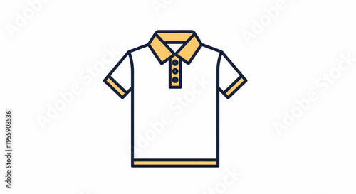 Polo shirt outline vector illustration with color accents, front view, clean bold line art, minimal flat design, white shirt with yellow and black trim details, classic collar and buttons, short
