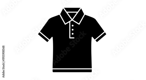 Black polo shirt vector illustration with white stripe accents, short sleeve collared shirt with buttons, flat design, clean geometric shapes, minimal modern style, high contrast, simple fabric detail