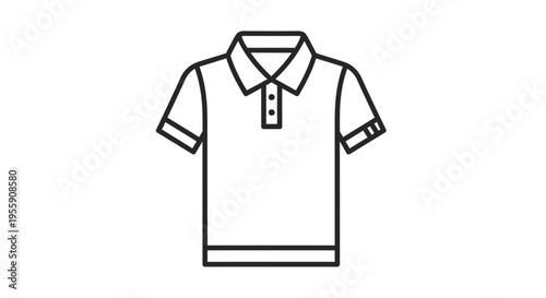 Minimalist polo shirt outline icon, clean line vector illustration, short sleeve collared shirt with buttons, simple stroke design, flat monochrome, centered composition, isolated on white background,