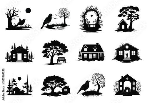 Silhouette collection of nature scenes featuring houses, trees, birds, and decorative arches. Vector