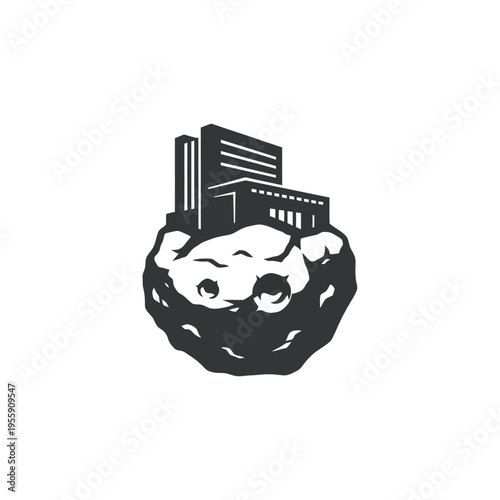 Abstract representation of modern architecture atop a celestial body, symbolizing innovation and cosmic exploration