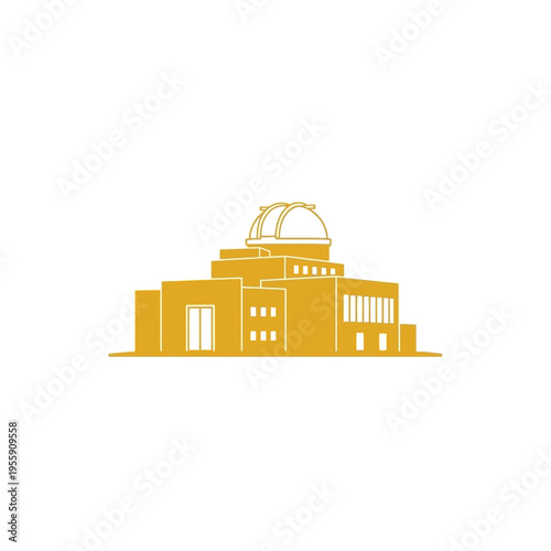 A minimalist architectural illustration of a large observatory building with a domed roof, set against a white background