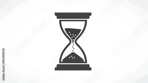 A simple, dark gray silhouette of an hourglass with sand flowing from the top bulb to the bottom. Vector