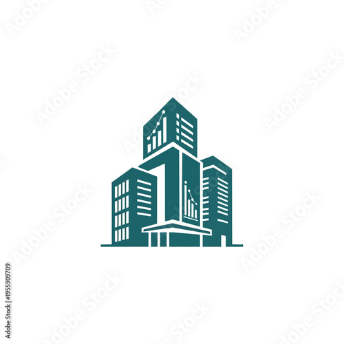 Modern office building with rising graph on facade symbolizing growth and financial success