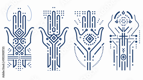 Four hands displayed, each featuring a unique pattern of geometric shapes, lines, dots
