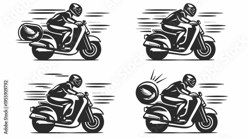 Four monochrome illustrations of person riding a scooter with motion lines behind