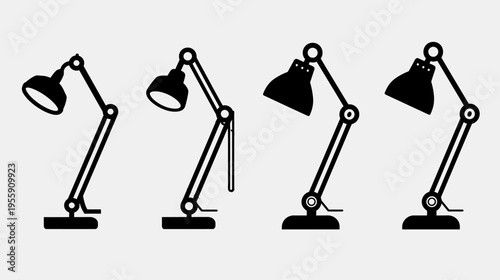 Four black desk lamps with adjustable arms and shades, on a light gray background