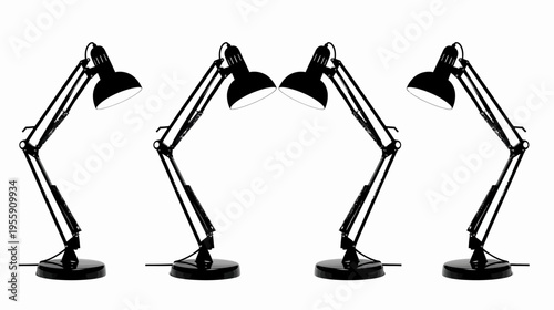 Four black adjustable desk lamps in graphic style on a white backdrop, lights are on