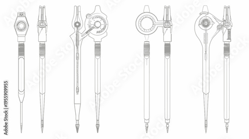 Gray line art illustration showing different designs of what appears to be a drawing compass