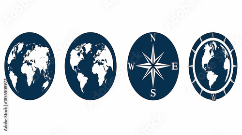 Four circular graphics world map views, compass, world encased in compass. Navy, white contrast