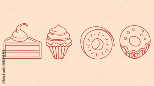 Line drawing of cake slice, cupcake, and two donuts on a light peach-colored background