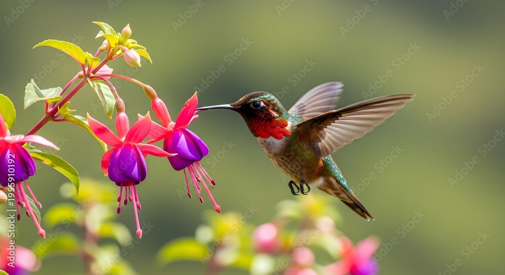 Obraz premium A hummingbird hovers near Fuchsia flowers. The bird displays iridescent green plumage with a striking red throat