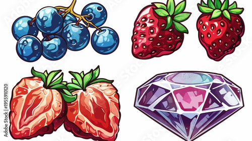 Stylized illustration featuring blueberries, strawberries, and a facet gemstone