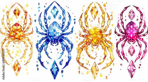 Watercolor spiders, various colors, each with a gem above and below, isolated on white