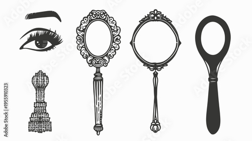 Stylized eye, mirror, vintage vanity set, makeup brush icons on a white background