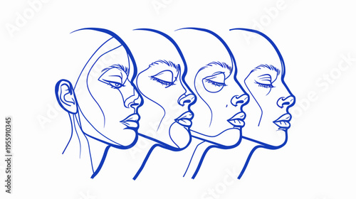 Blue line art shows four side-profile faces, variations of eyes, lips, noses, and ears