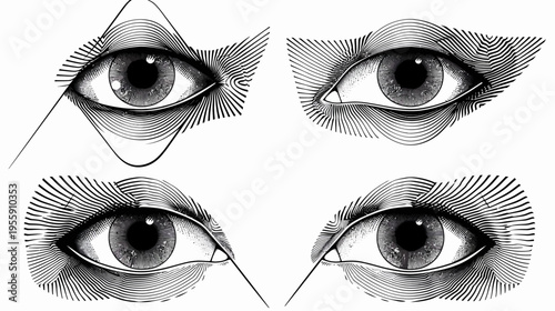 Four stylized, engraved, black and white eyes with hatch patterns on a white background