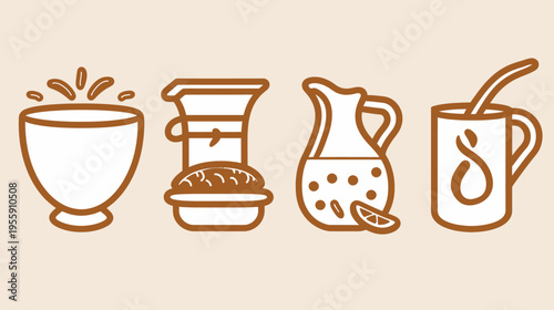 Simple line art of four beverage containers in brown outlines on beige background