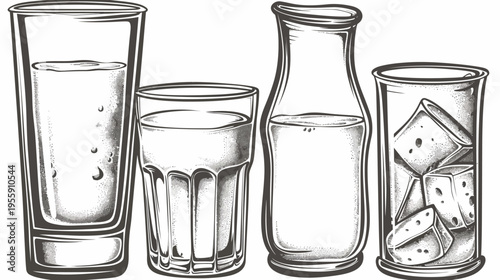 Illustration of various drink containers, including glasses, filled with liquid and ice