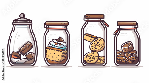 Four jars filled with treats like brownies, a cupcake, chocolate chip cookies, and fudge