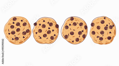 Row of four cartoon style chocolate chip cookies on a white background, various shapes