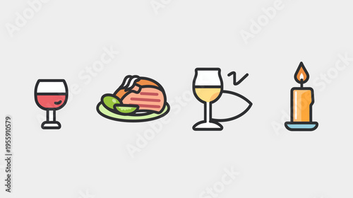Set of cute, cartoonish icons wine, meat dish, wine pairing suggestion, candle