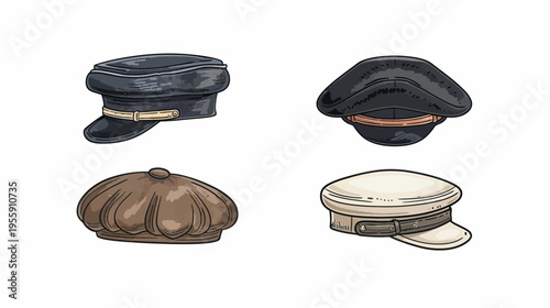 Four assorted vintage-style caps/hats in different colors, with outlined cartoonish design