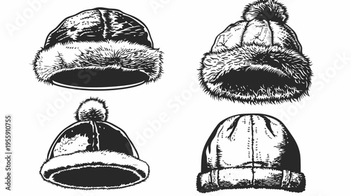 Vector graphic of four winter hats with fluffy trim, different styles, black and white