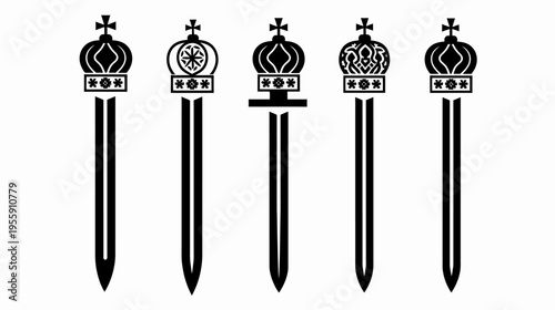 Five black crown icons atop sword-like shafts, each with slight crown variations