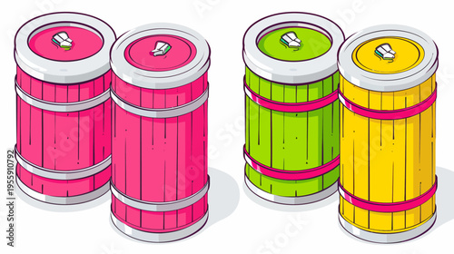 Cartoon illustration of four colorful canned drinks in pink, yellow, & green hues