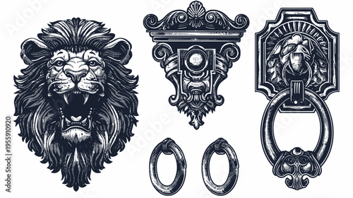 Ornate engravings featuring a roaring lion and detailed vintage door knockers