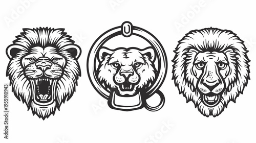 Three stylized black-and-white lion heads roaring, door knocker, calm. Vector illustration