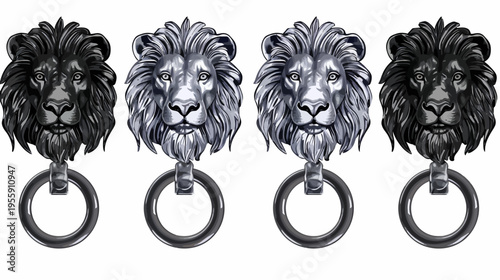Four stylized lion head door knockers, two in black, two in silver, all with metallic rings