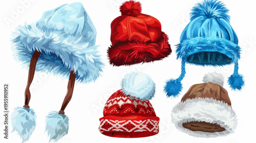 Illustrated array of winter hats in varying styles and colors on a white backdrop