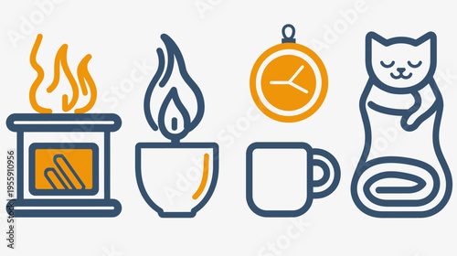 Cozy icons depict fireplace, candle, clock, mug, and sleeping cat, outlined in blue and orange