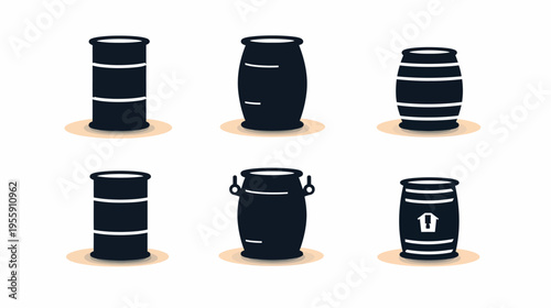 Six dark storage barrels in various styles, illustrated on a stark white backdrop