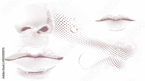 Abstract halftone face and lips with water droplets against a white backdrop