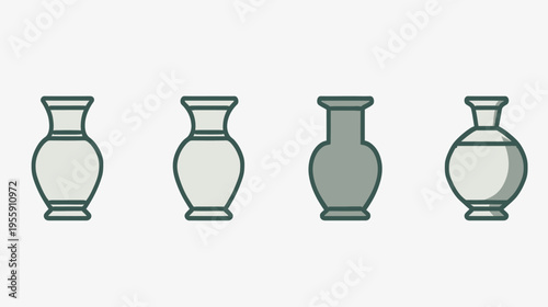 Four cartoon vases lined up on a white background, in gray and green outlines